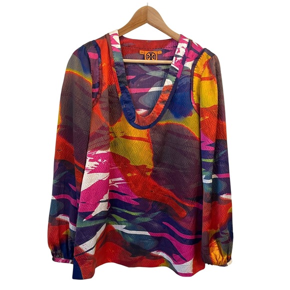 Tory Burch Tops - Tory Burch 100% Silk Tunic Blouse 8 Vibrant Abstract Watercolor Artsy Designer